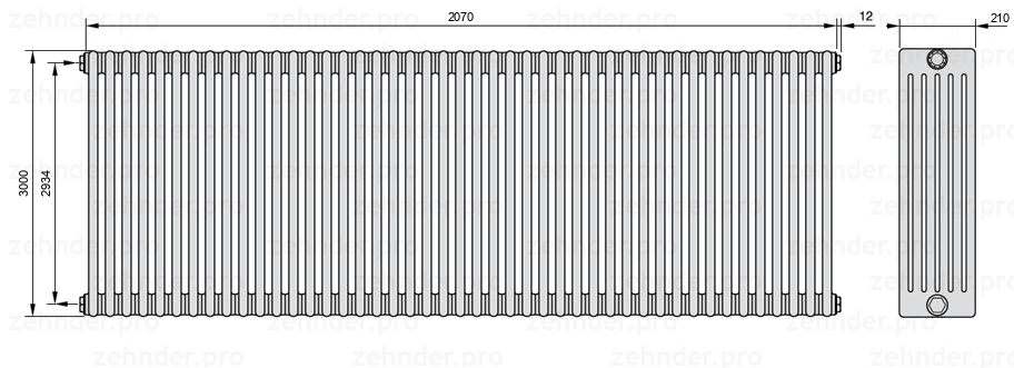 Схема (чертеж) Радиатор Zehnder Charleston 6300/45 №1270 Белый глянцевый RAL 9016